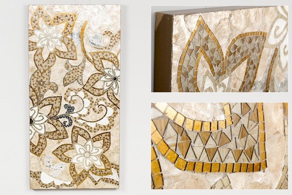 panel decoración pared nacar y mosaico oro y beige