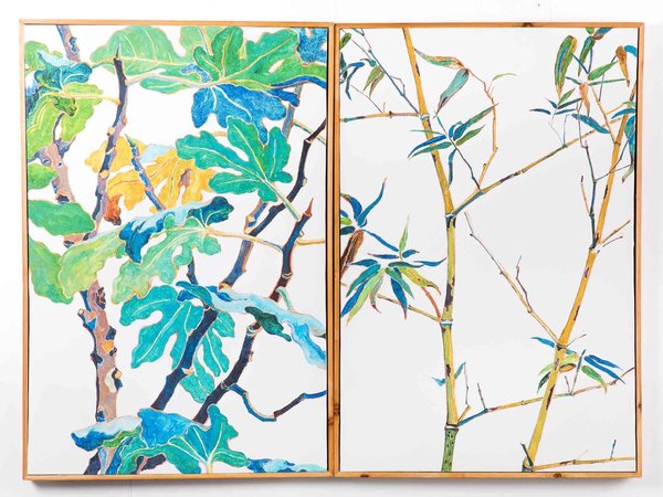 set 2 cuadros compuestos por lienzo sobre bastidor, ramas bambú e higuera.